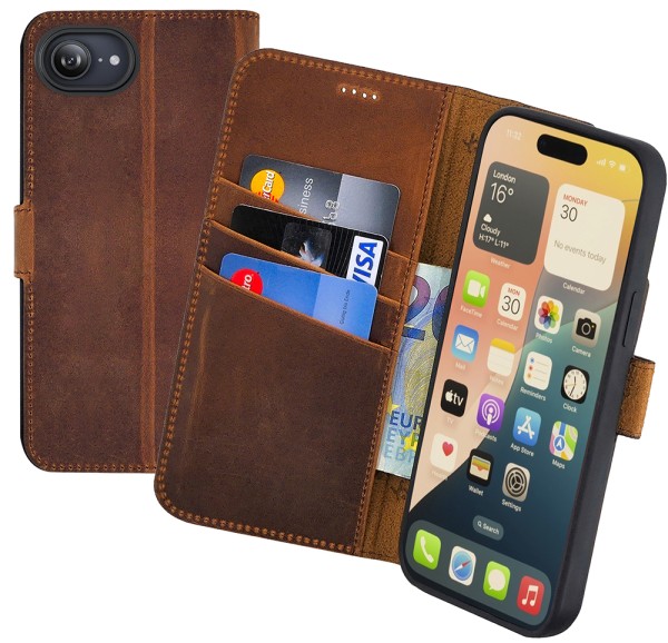 Suncase Book-Style für iPhone 16E (6.1") Hülle Echt Ledertasche Case
