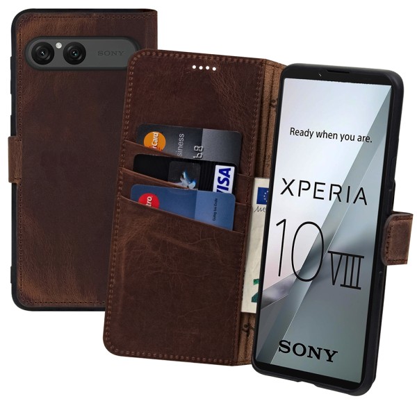 Suncase Book-Style Hülle für Sony Xperia 10 VIII Tasche Echt Ledertasche Wallet Case Klapp Cover