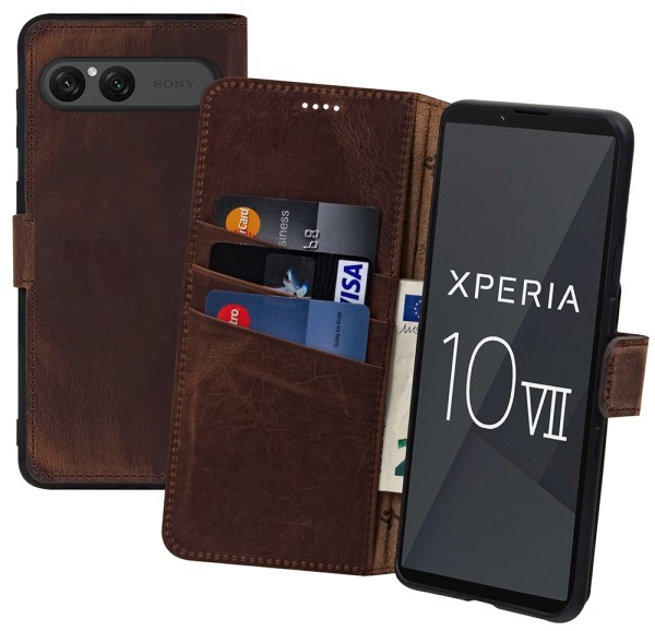 Suncase Book-Style Hülle für Sony Xperia 10 VII (2025) Tasche Echt Ledertasche Wallet Case Klapp Cov