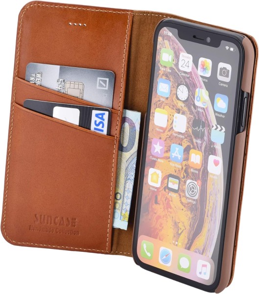 Suncase Book-Style für iPhone XR Hülle Echt Ledertasche Case ohne Magnetverschluss