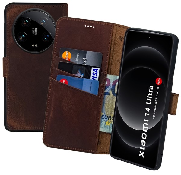 Suncase Book-Style Hülle für Xiaomi 14 Ultra 5G Echt Ledertasche Wallet Case