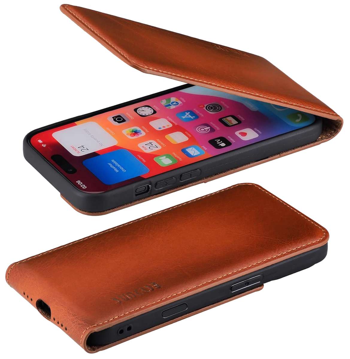 Suncase IPhone 15 Ledertasche (6,1 Zoll) – Flip-Design, Ultra-slim, Mit Magnetverschluss & Kartenfach | Antik Coffee, Made In Europe