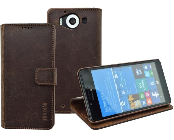 Suncase Book-Style für Microsoft Lumia 950 Hülle Echt Ledertasche Case