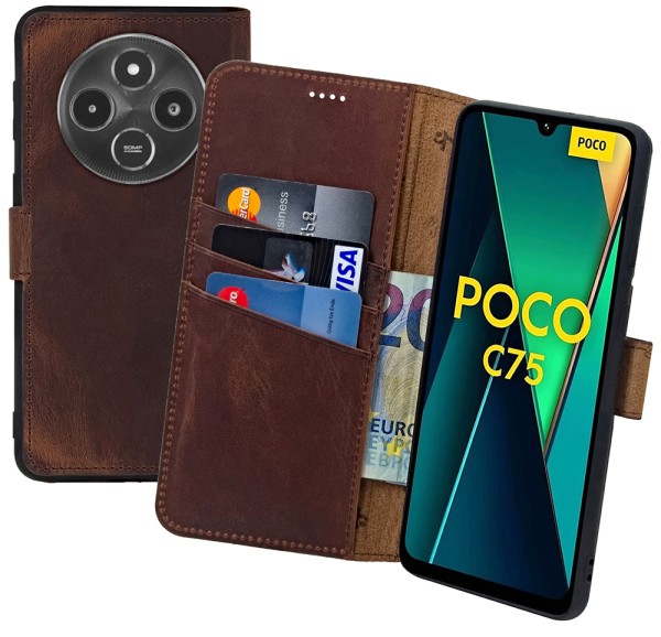 Suncase Book-Style Tasche für Xiaomi Poco C75 Hülle Echt Ledertasche Wallet Case Cover