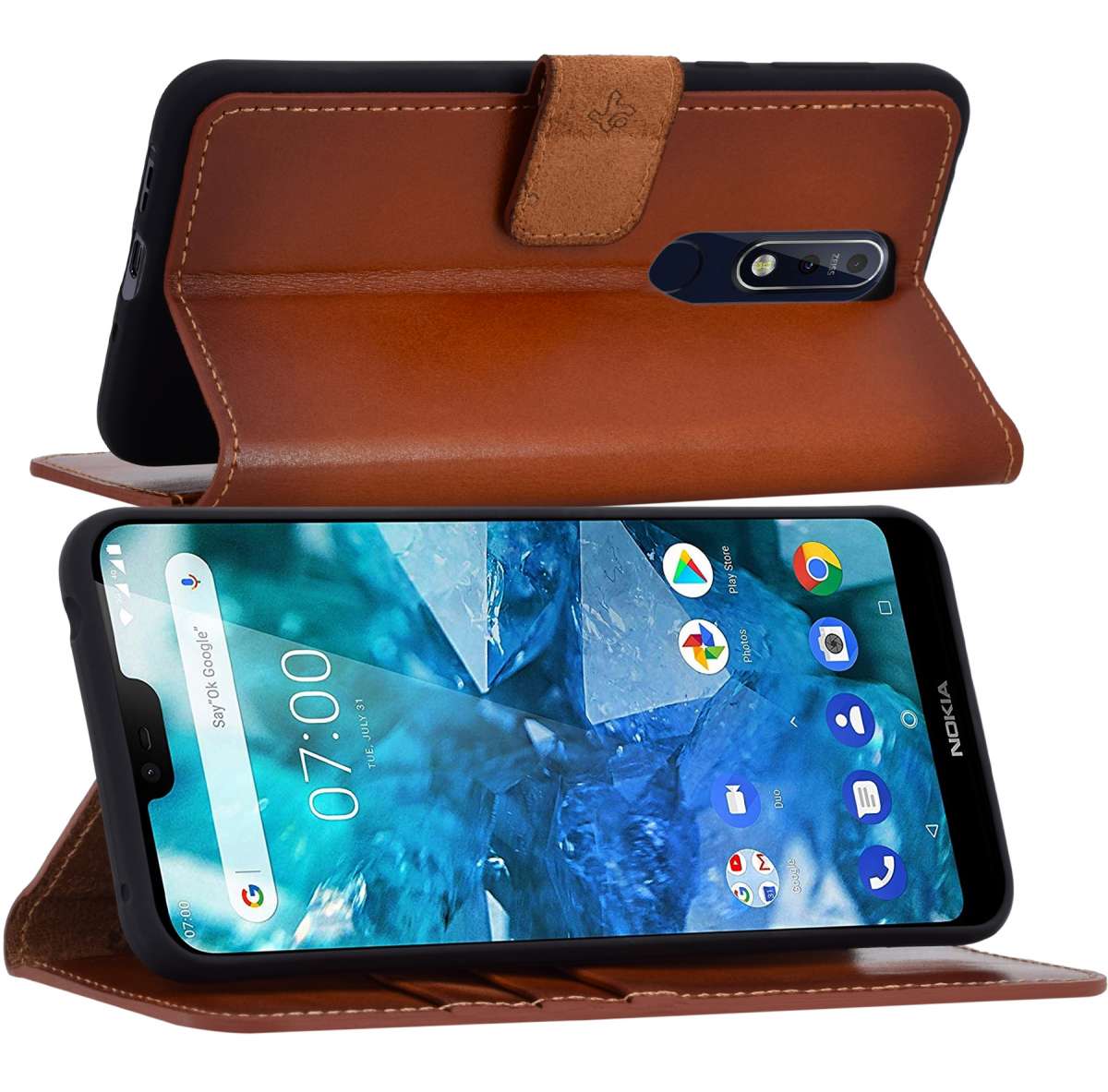 Suncase - Custodia originale per Nokia 7 Plus Dual SIM, con linguetta di estrazione, in pelle, colore: Marrone tabacco
